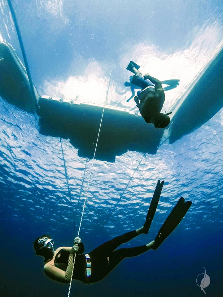 Kimberly hanging at 44ft (Photo credit: Deep Sea Freediving)