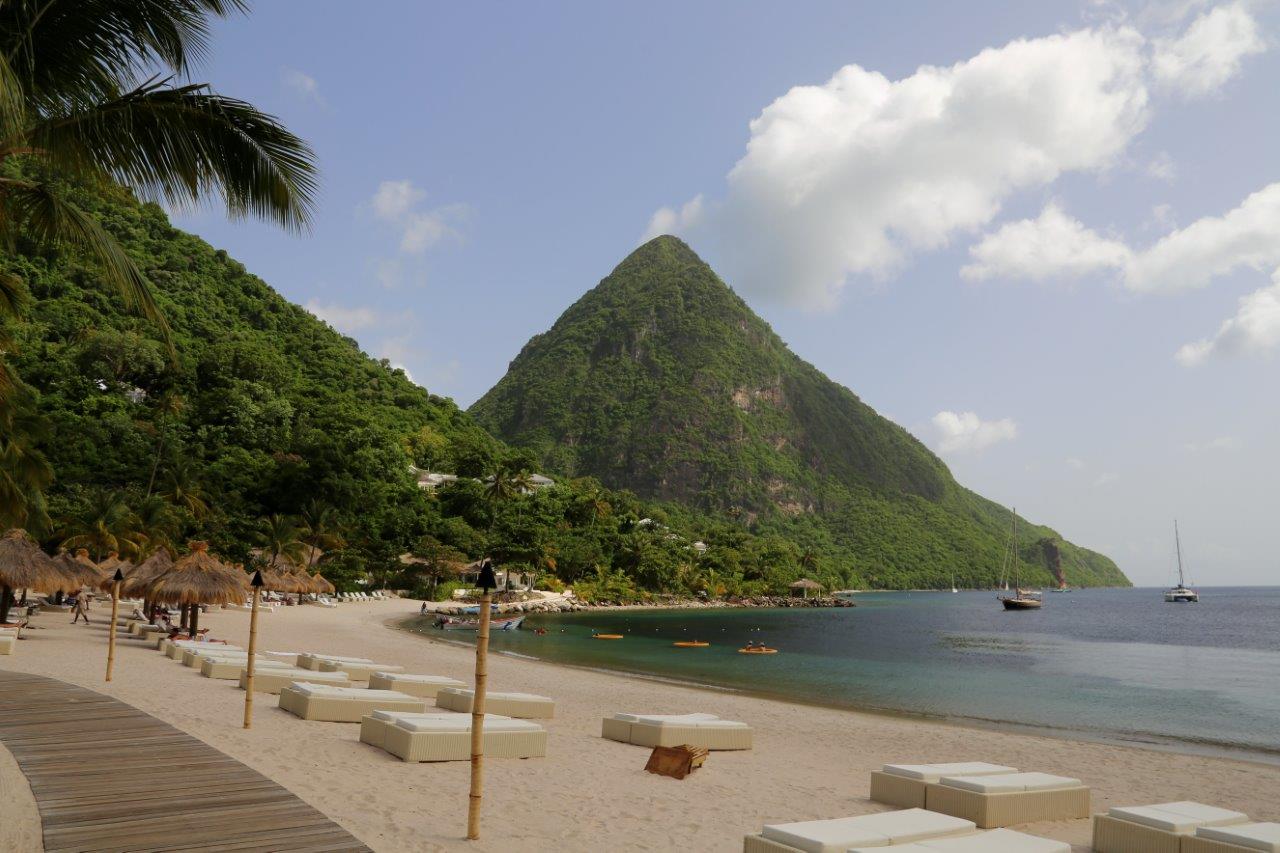 The beautiful Sugar Beach resort with Gros Piton in the background