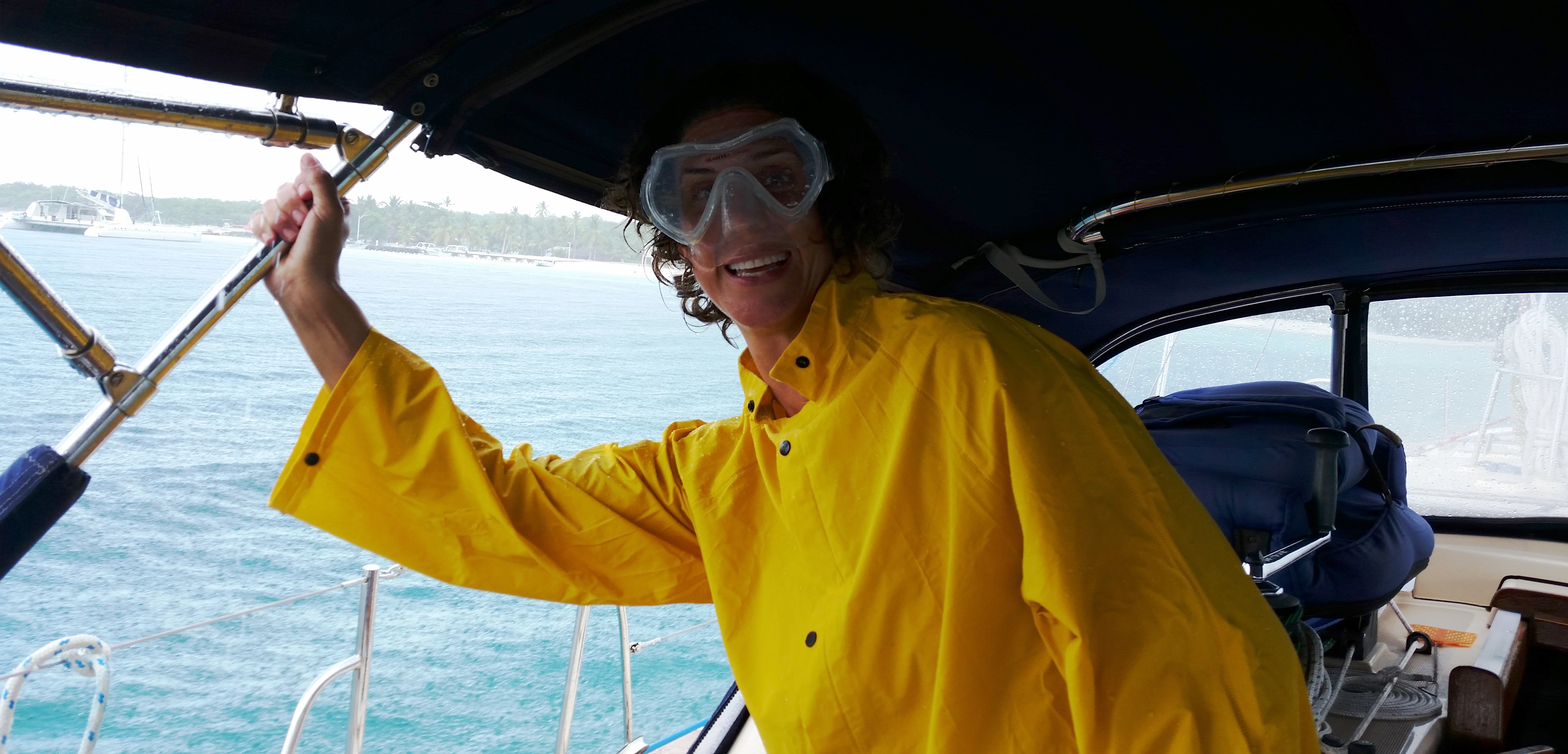 Finally arriving at the anchorage. After the worst of the storm, the rain was still blowing sideways so hard, I had to wear goggles to anchor Pura Vida
